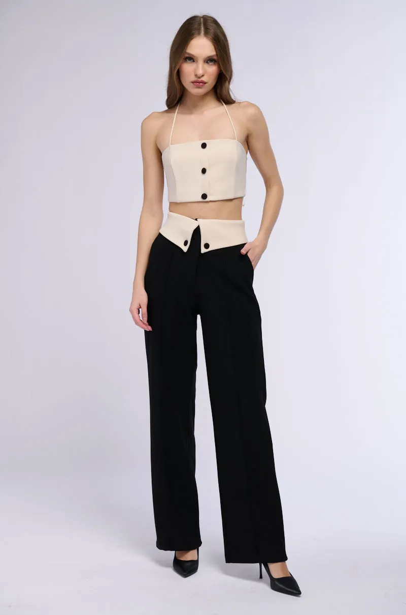 ADELE BUTTON DETAIL FOLDED WAIST WIDE LEG TROUSER