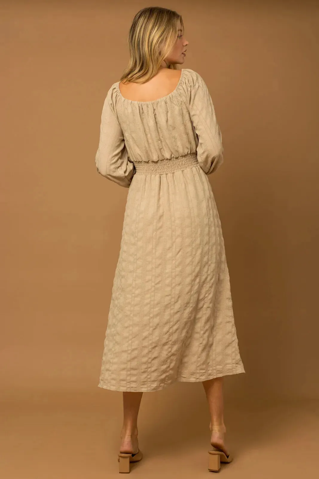 Boho Textured Long-Sleeve Smocked-Waist Maxi Dress