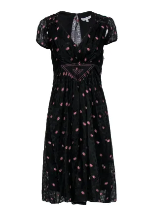 Carolina Herrera - Black Silk Floral Dress w/ Plunge V-Neckline Sz 2