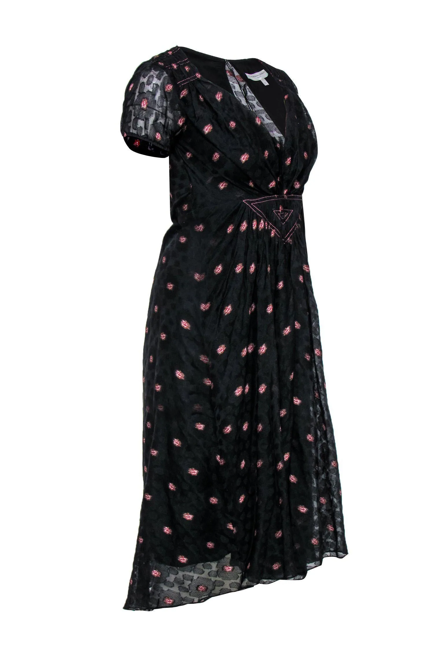 Carolina Herrera - Black Silk Floral Dress w/ Plunge V-Neckline Sz 2
