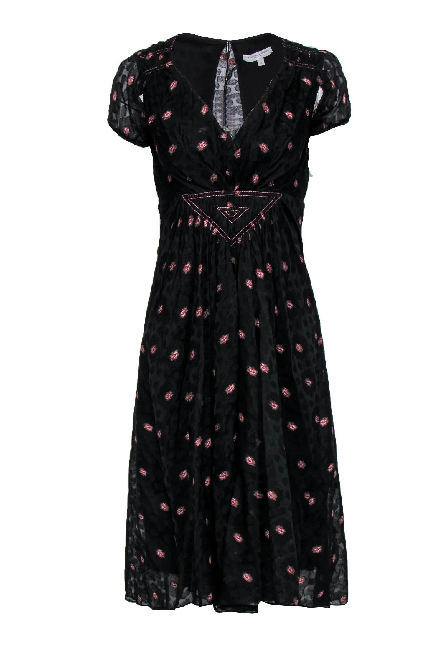 Carolina Herrera - Black Silk Floral Dress w/ Plunge V-Neckline Sz 2