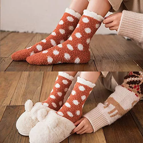 Chalier 6 Pairs Winter Fuzzy Socks for Women Cozy Slipper Socks Warm Fluffy Socks Gifts for Women Casual Home Sleeping(Khaki)