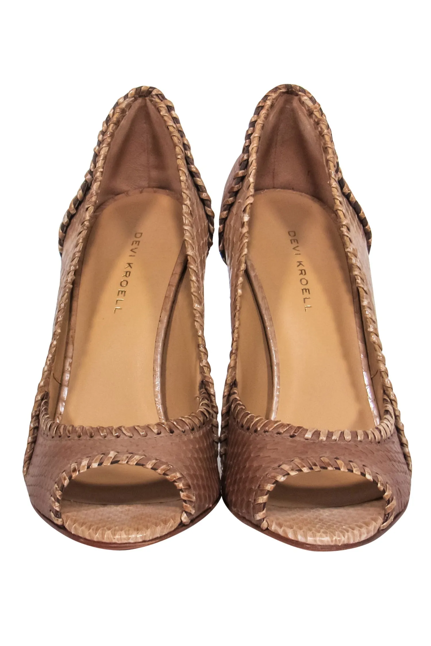 Devi Kroell - Beige Snakeskin Peep Toe Pumps w/ Stitched Trim Sz 6.5