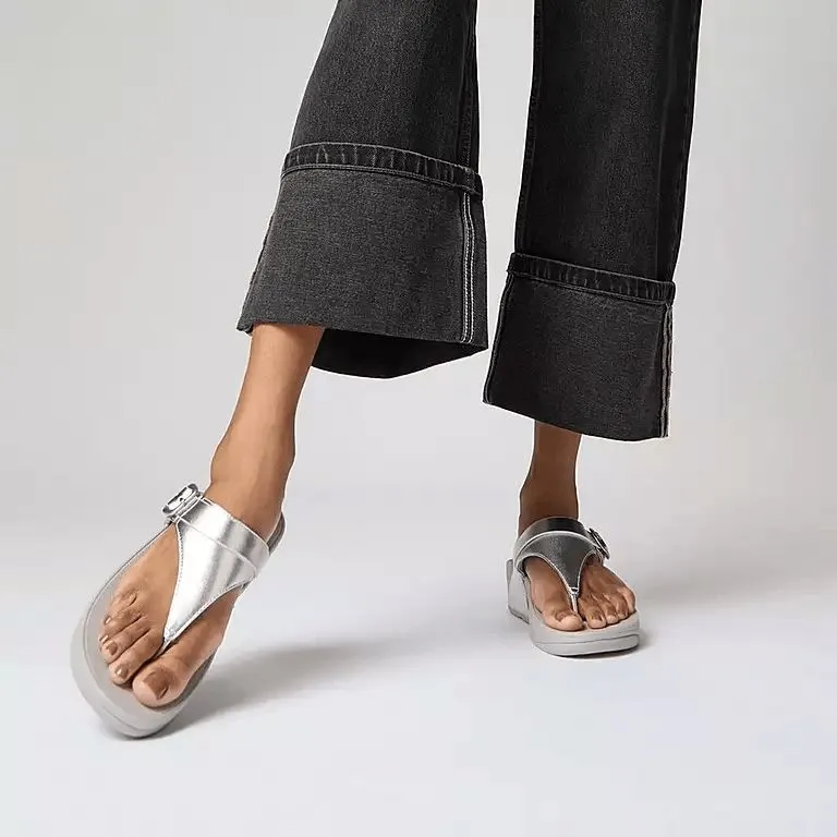 Fitflop Ig4-011 Lulu Adjustable Buckle Ladies Silver Leather & Textile Toe Post Sandals