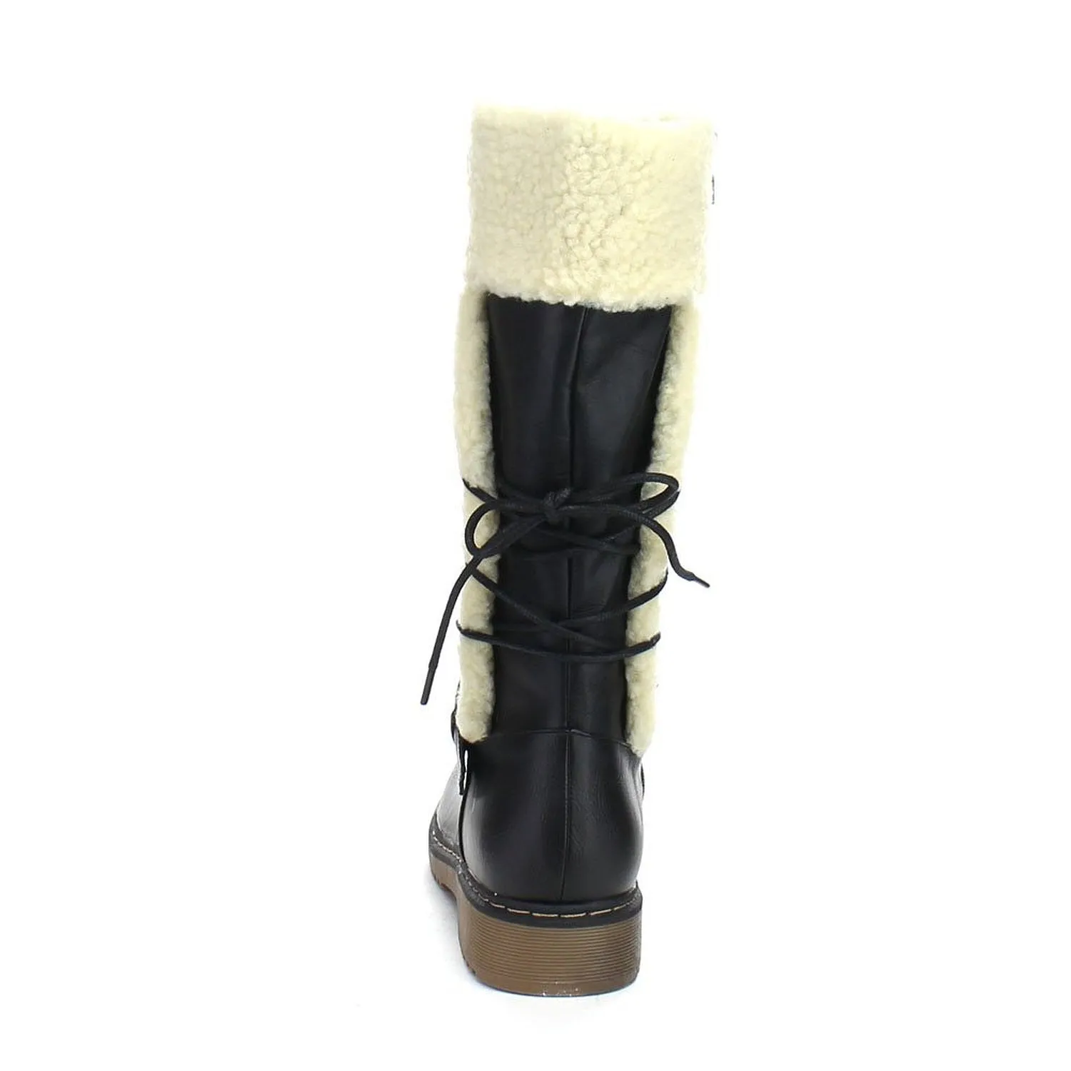 Fur Trim Lace Back Quilted Winter Knee High Buckle Women's Boots