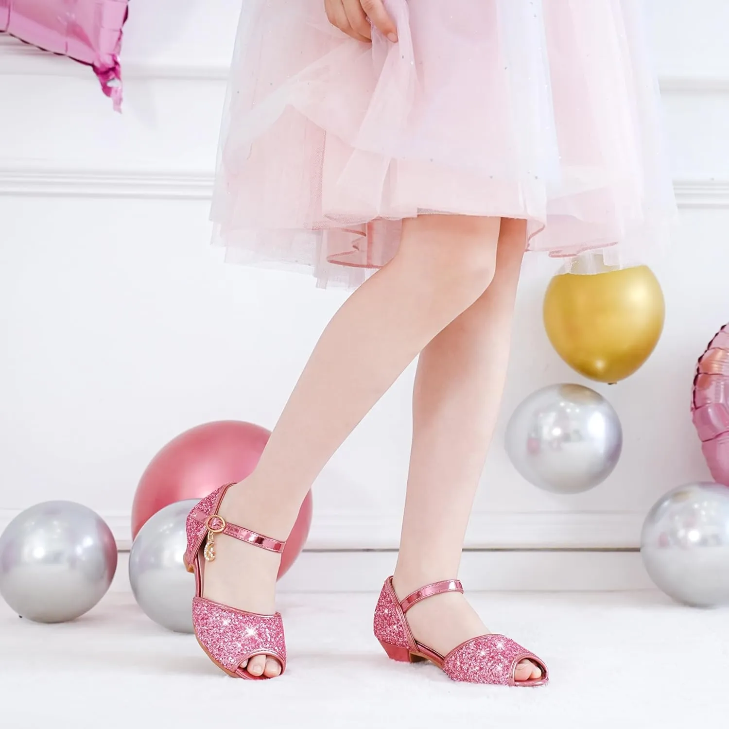 Furdeour Sparkly Girls Dress Shoes Princess Shoes High Heels Peep Toe Low Heel Glitter Toddler Big Kid Wedding Party