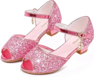 Furdeour Sparkly Girls Dress Shoes Princess Shoes High Heels Peep Toe Low Heel Glitter Toddler Big Kid Wedding Party