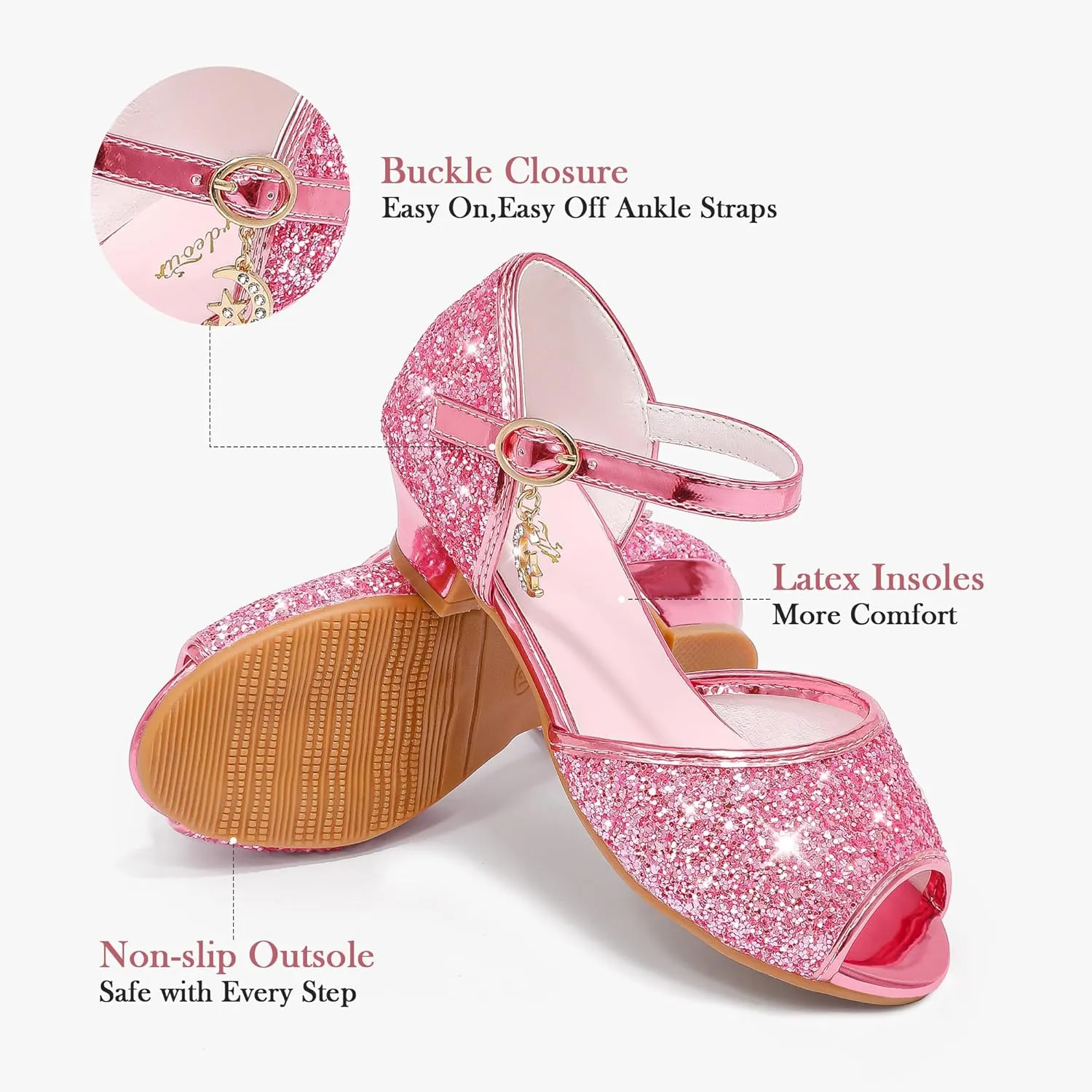 Furdeour Sparkly Girls Dress Shoes Princess Shoes High Heels Peep Toe Low Heel Glitter Toddler Big Kid Wedding Party