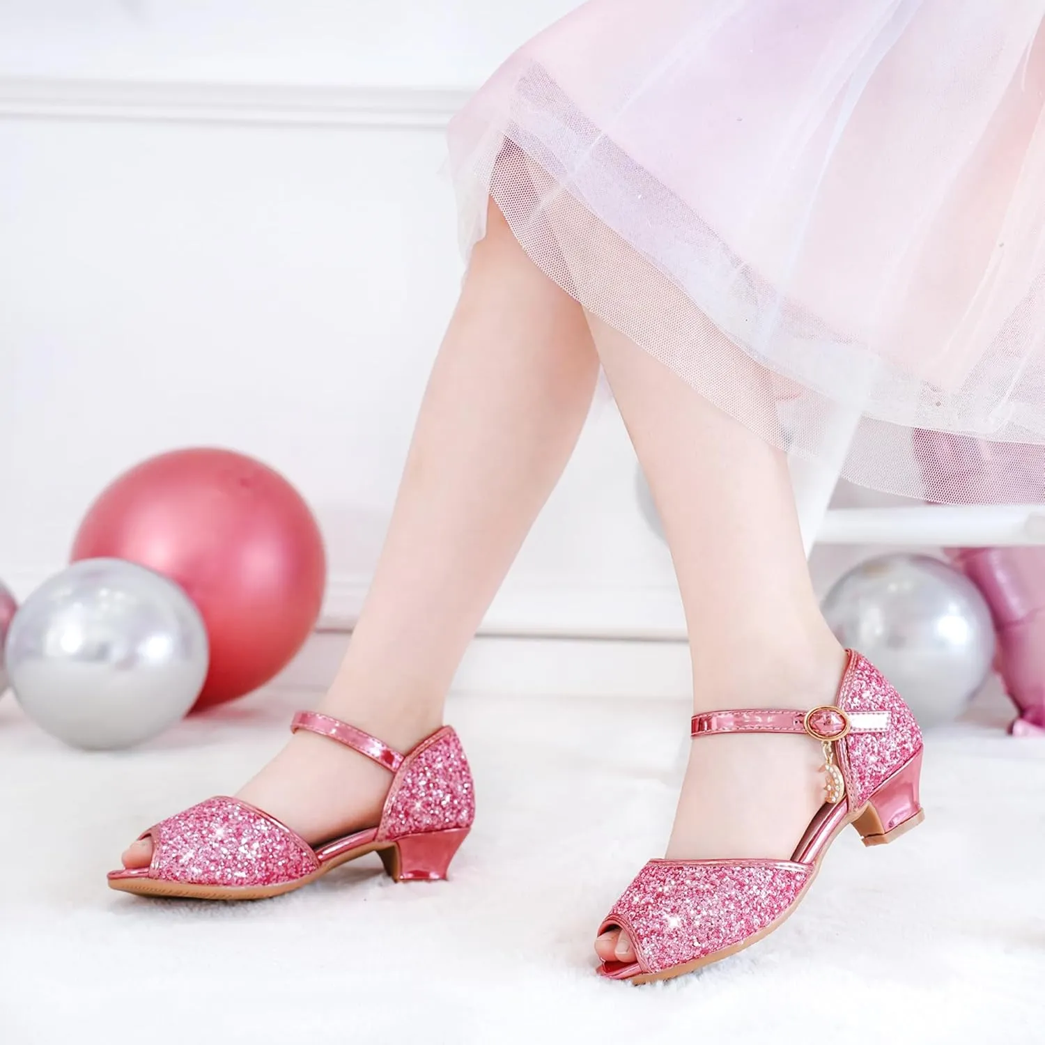 Furdeour Sparkly Girls Dress Shoes Princess Shoes High Heels Peep Toe Low Heel Glitter Toddler Big Kid Wedding Party