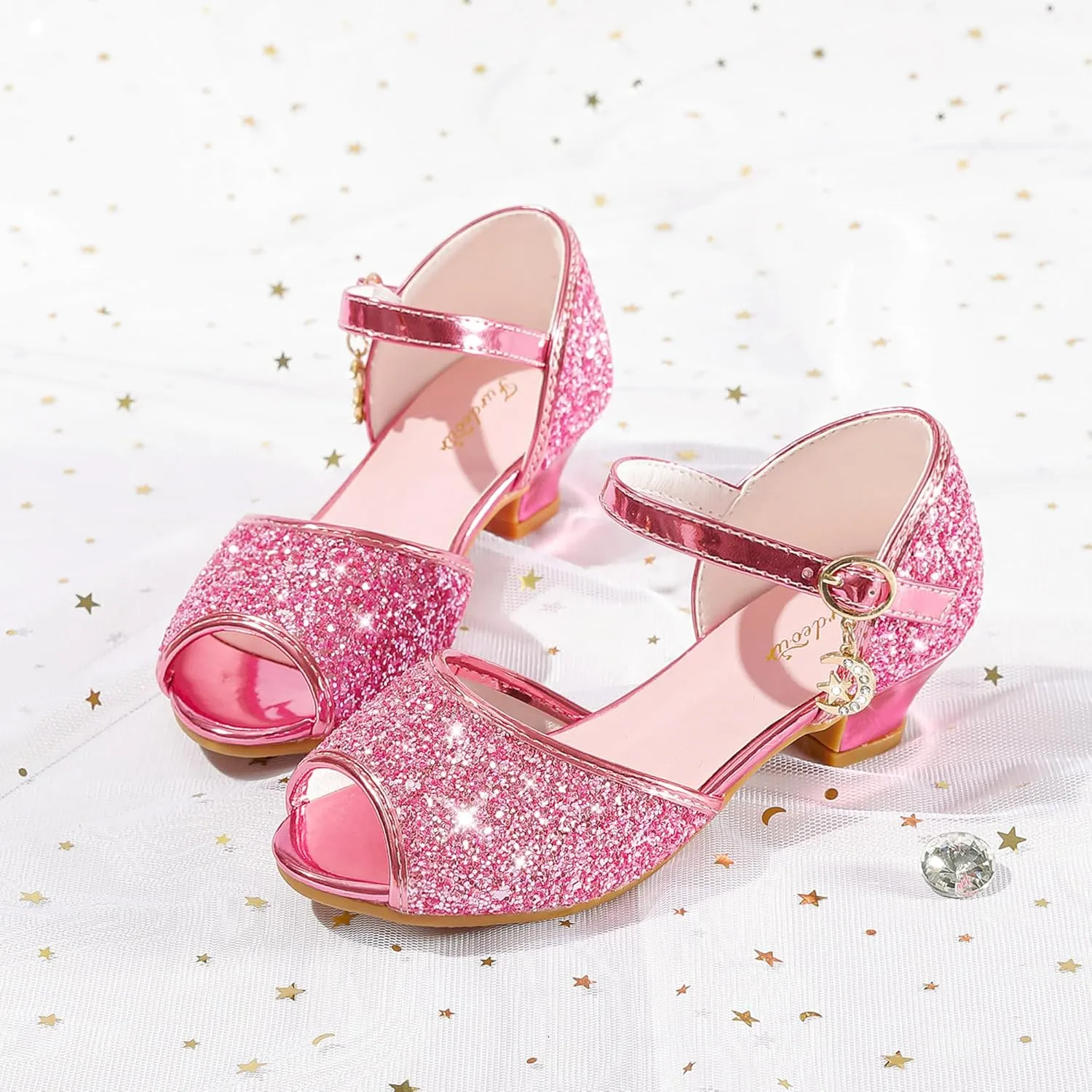Furdeour Sparkly Girls Dress Shoes Princess Shoes High Heels Peep Toe Low Heel Glitter Toddler Big Kid Wedding Party