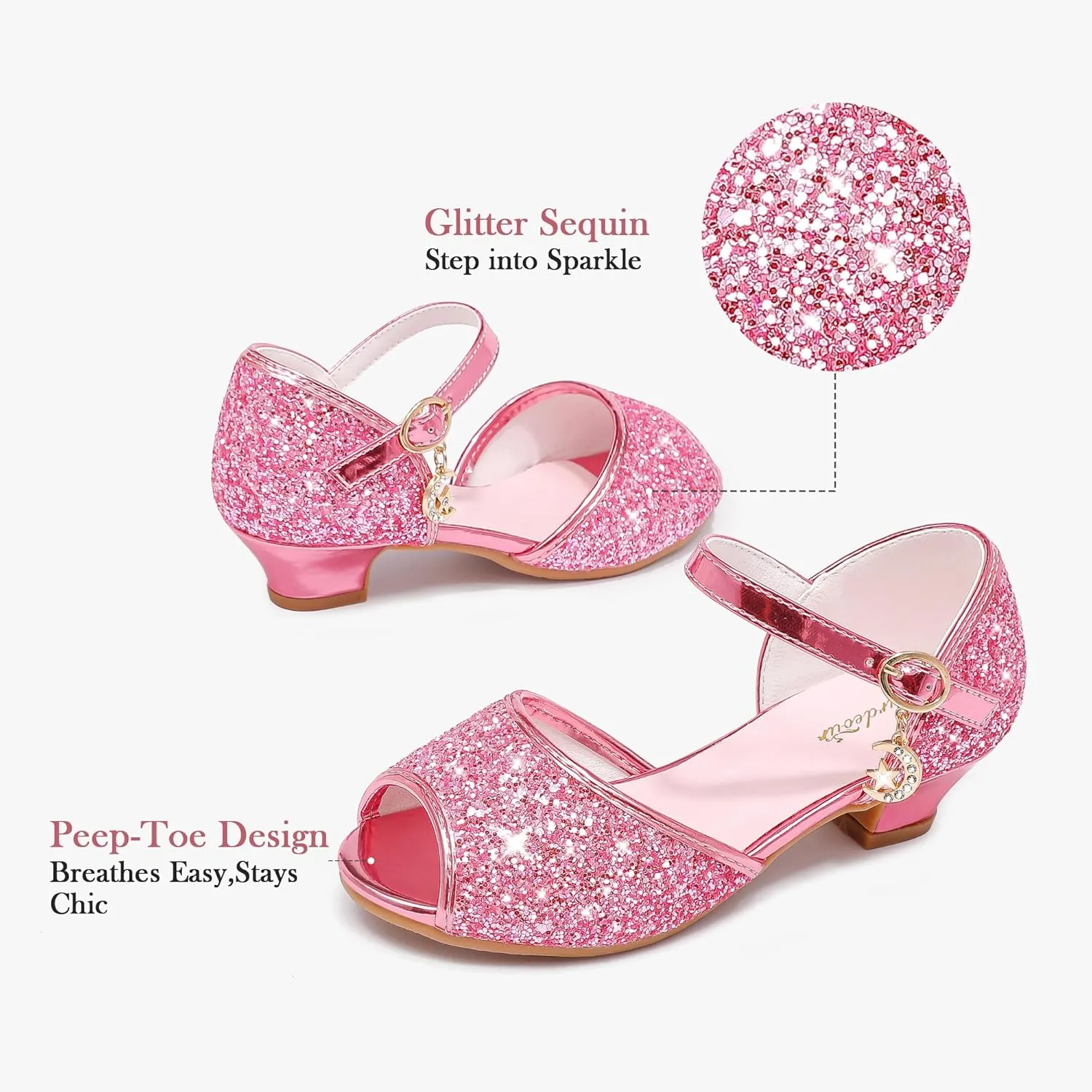 Furdeour Sparkly Girls Dress Shoes Princess Shoes High Heels Peep Toe Low Heel Glitter Toddler Big Kid Wedding Party
