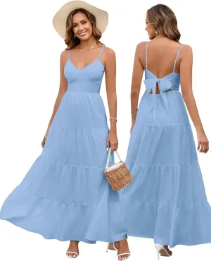 HTZMO Women Casual Summer Floral Maxi Sundress V Neck Spaghetti Strap Bow Tie Backless Flowy Boho Beach Long Dress 2025