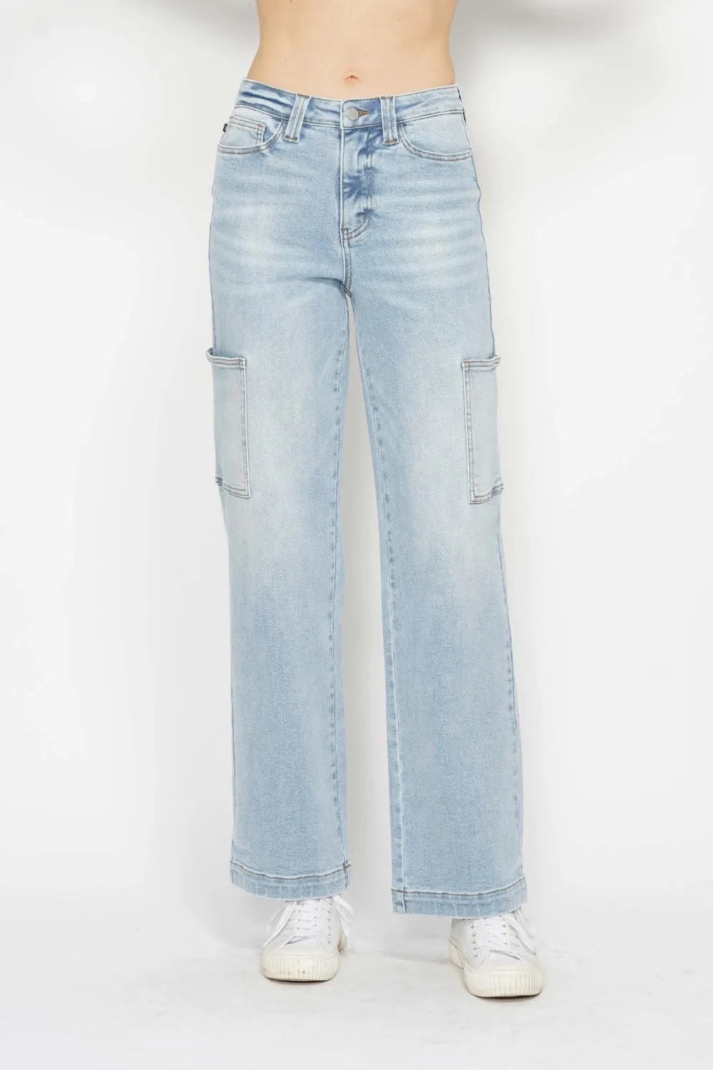 Light Denim High Waist Straight Cargo Jeans