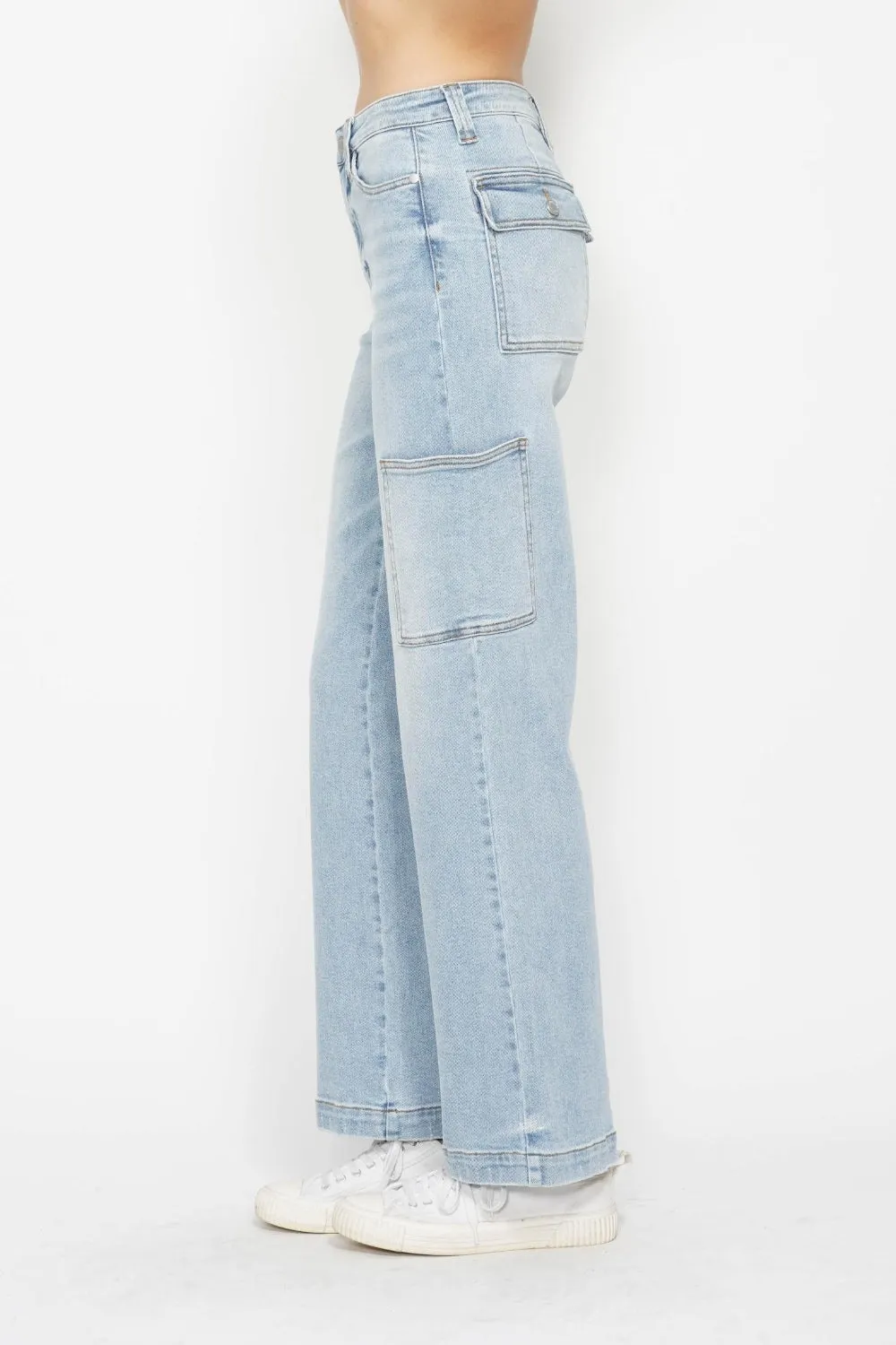 Light Denim High Waist Straight Cargo Jeans
