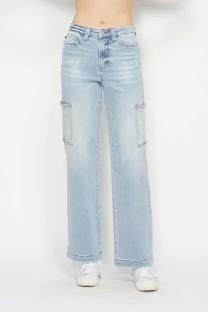Light Denim High Waist Straight Cargo Jeans