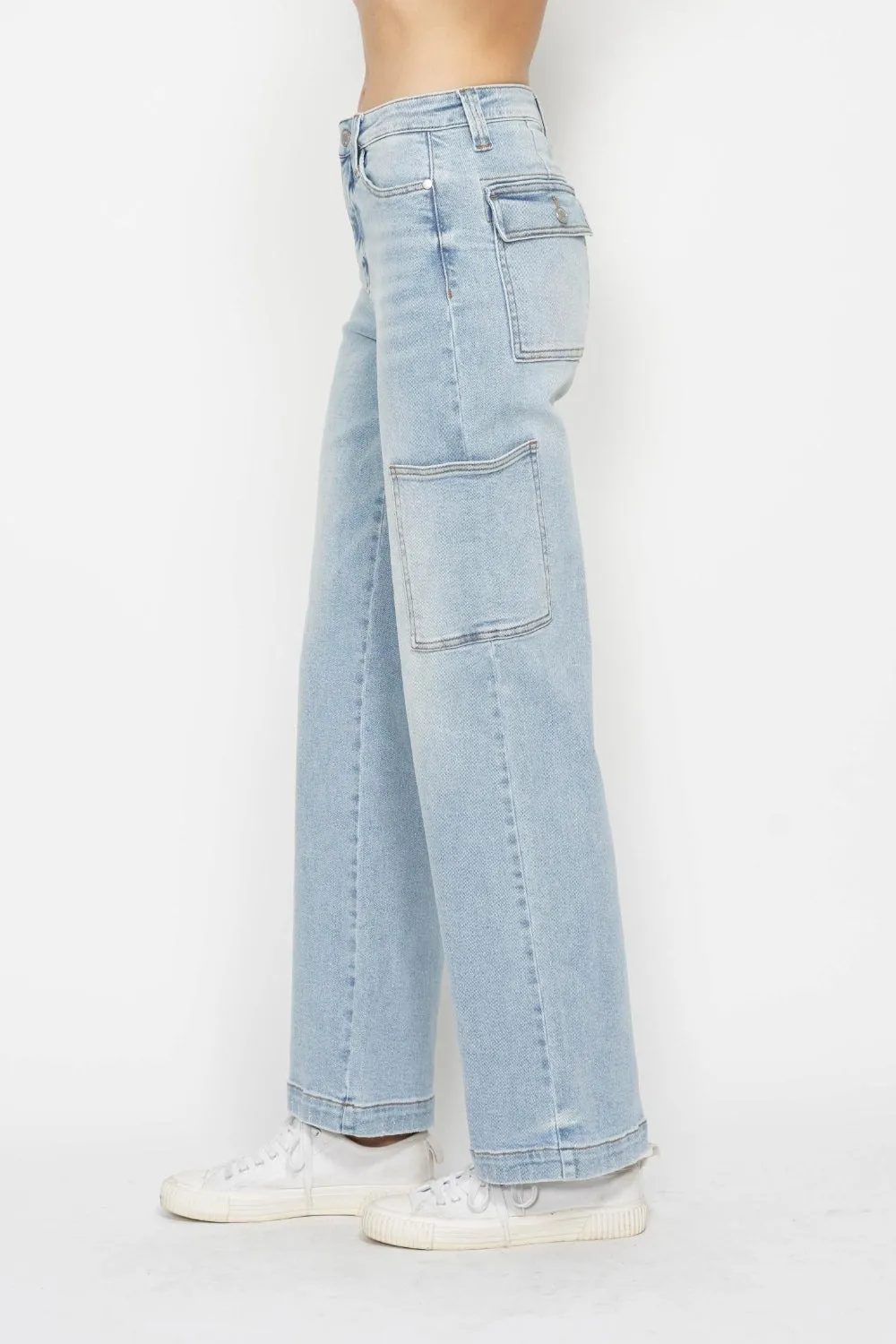 Light Denim High Waist Straight Cargo Jeans