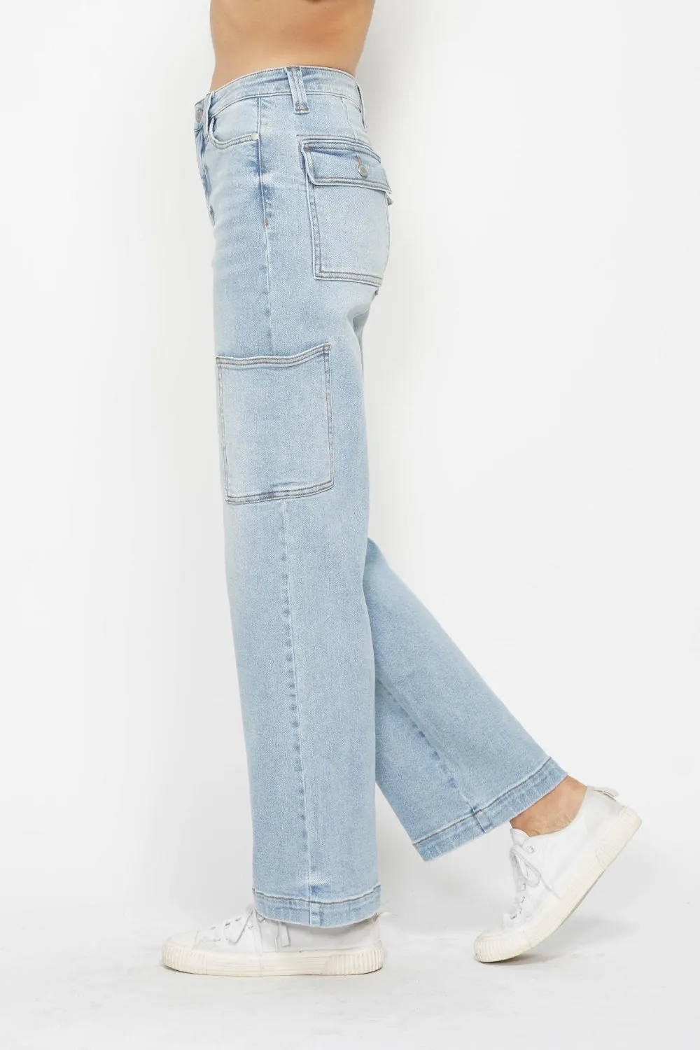 Light Denim High Waist Straight Cargo Jeans