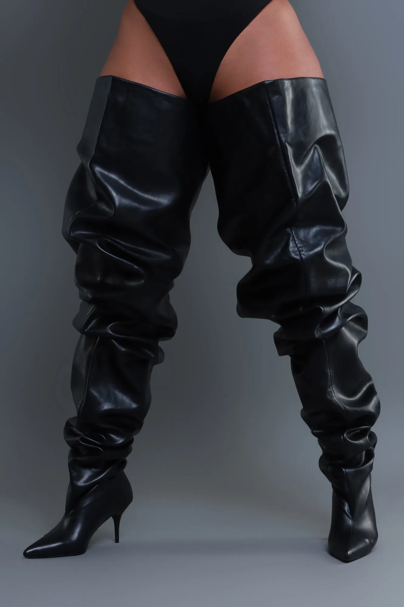 Main Stage  Faux Leather Ruched Stiletto Boots - Black