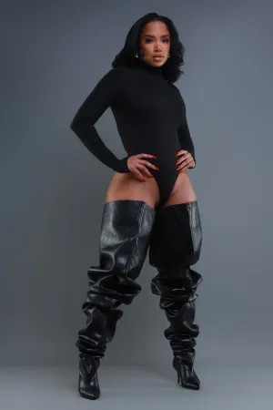 Main Stage  Faux Leather Ruched Stiletto Boots - Black