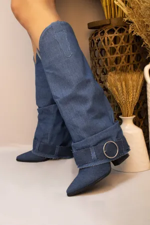 Own It Denim Fold Over Knee High Buckle Western Boots