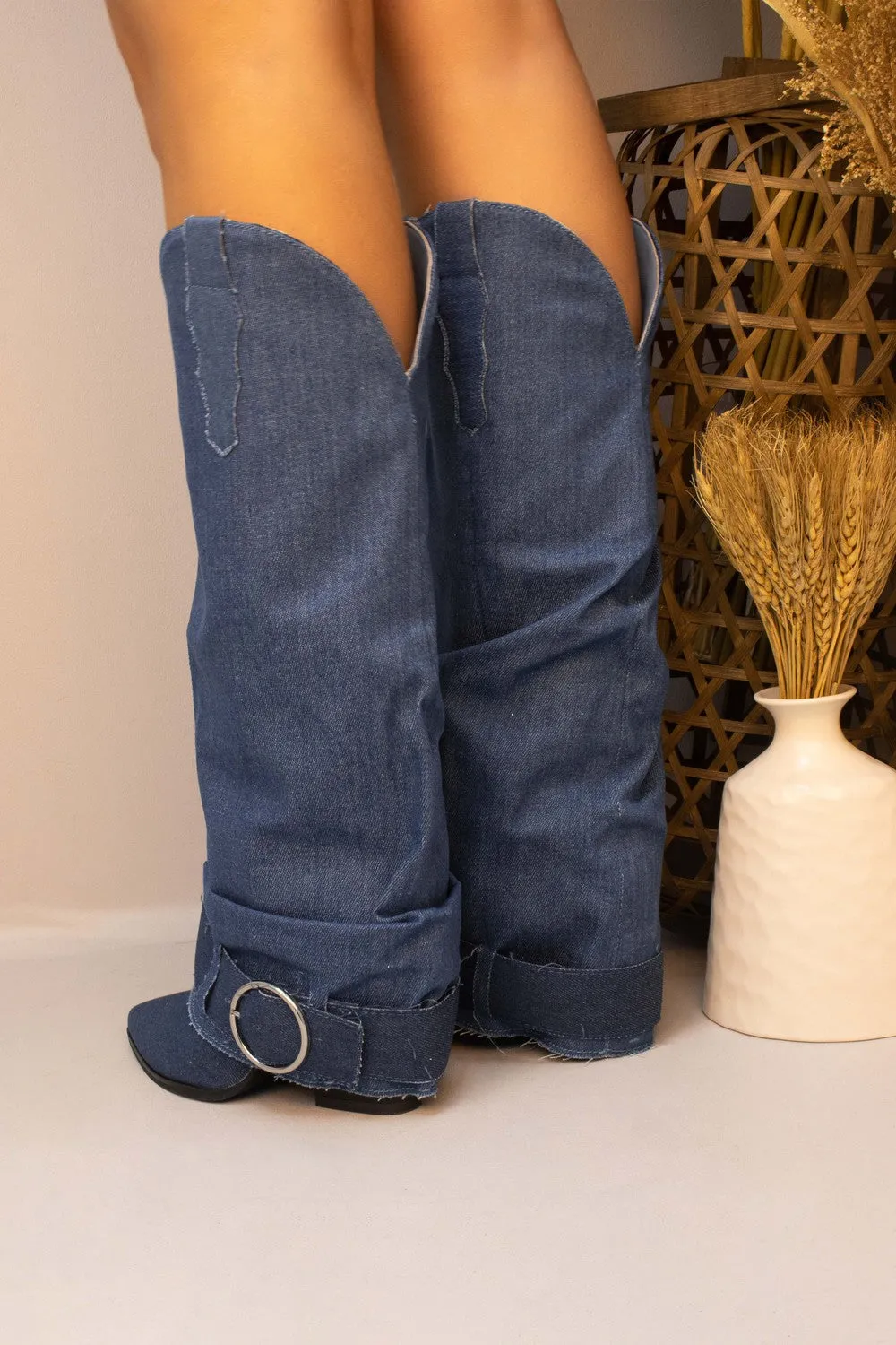 Own It Denim Fold Over Knee High Buckle Western Boots