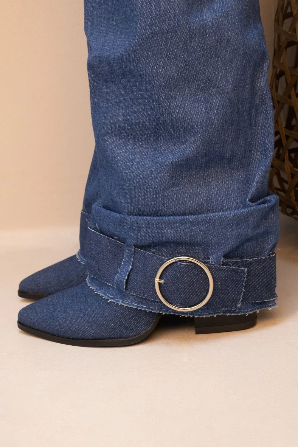 Own It Denim Fold Over Knee High Buckle Western Boots