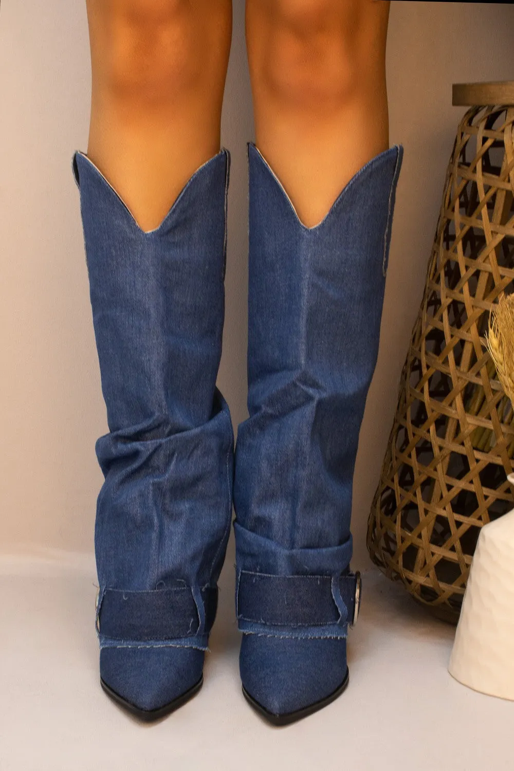 Own It Denim Fold Over Knee High Buckle Western Boots