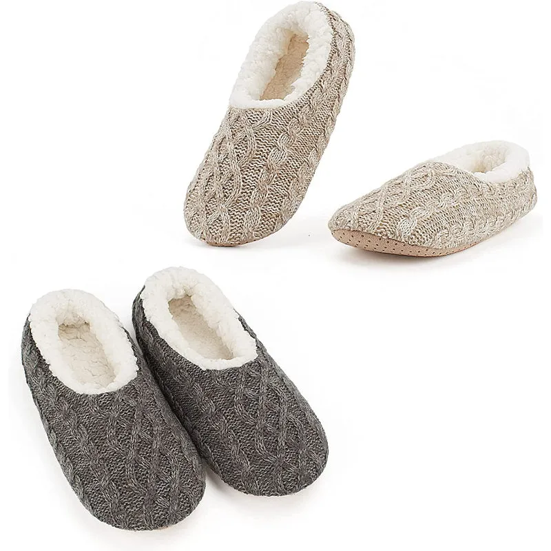 Pack Of 2 Slipper Socks with Grippers, Thick Warm Cozy Sherpa Lined Home Socks Set, Cable Knitted Non-slip Fluffy Winter House Bedroom Slippers