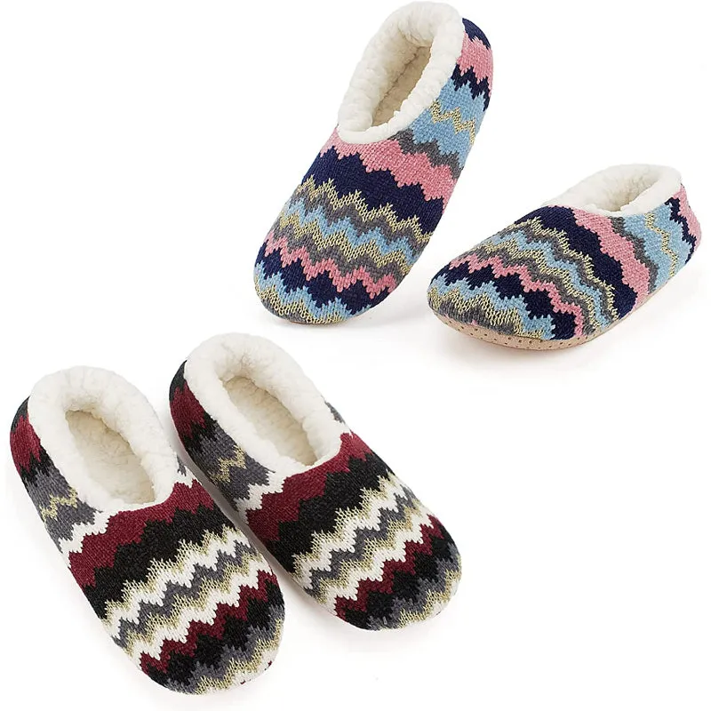 Pack Of 2 Slipper Socks with Grippers, Thick Warm Cozy Sherpa Lined Home Socks Set, Cable Knitted Non-slip Fluffy Winter House Bedroom Slippers