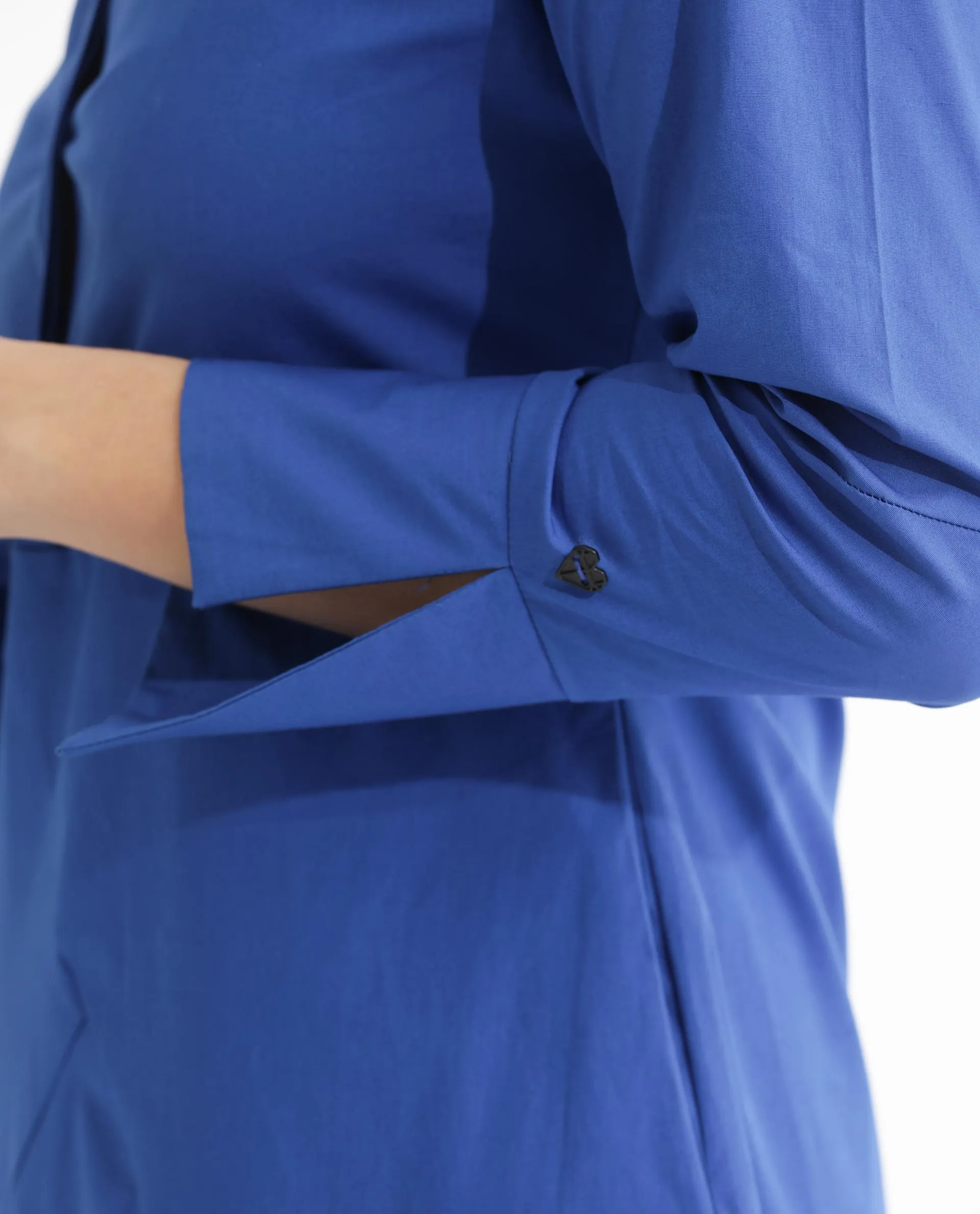 Rareism Women Beetal Blue Poly Lycra Fabric Full Sleeves Mandarin Collar Cuffed Sleeve Regular Fit Plain Midi Asymmetric Dress