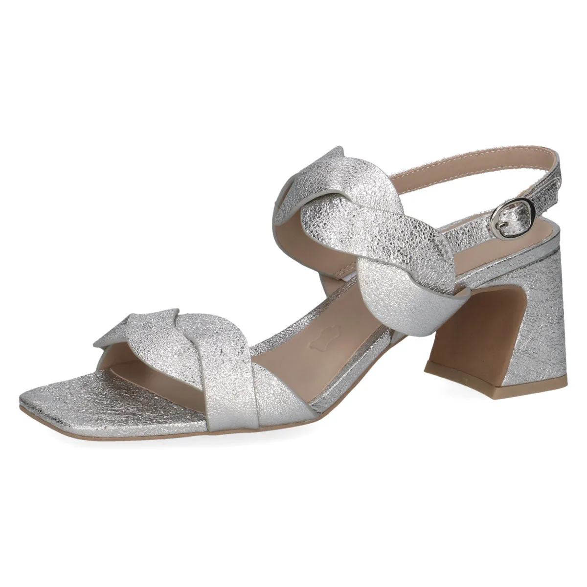 Silver Metallic Block Heel Sandal with Bow Detail
