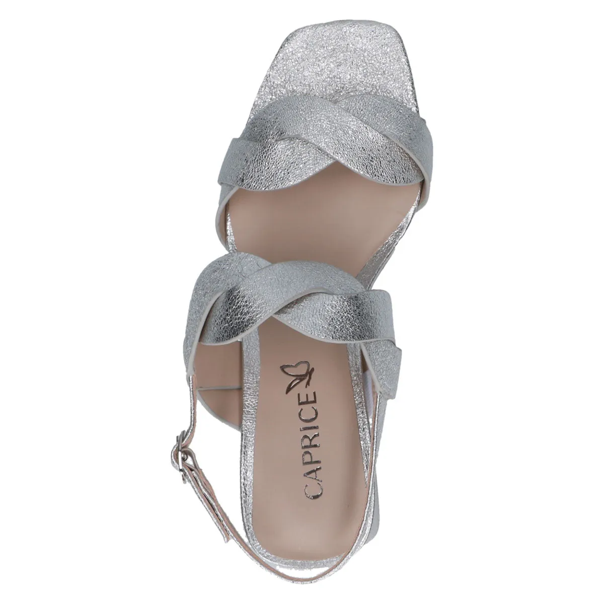 Silver Metallic Block Heel Sandal with Bow Detail