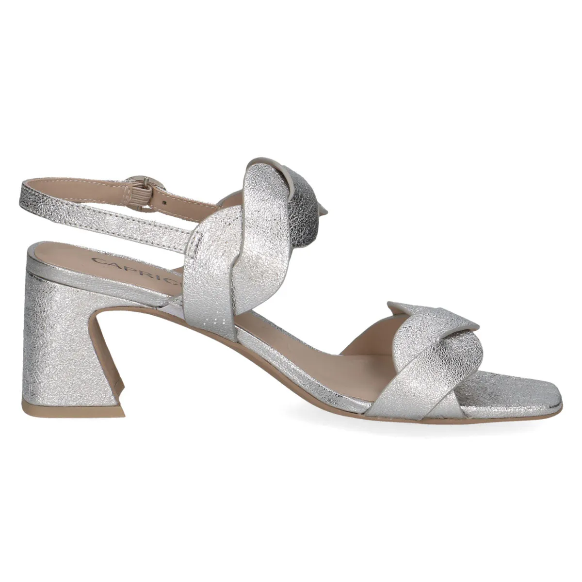 Silver Metallic Block Heel Sandal with Bow Detail