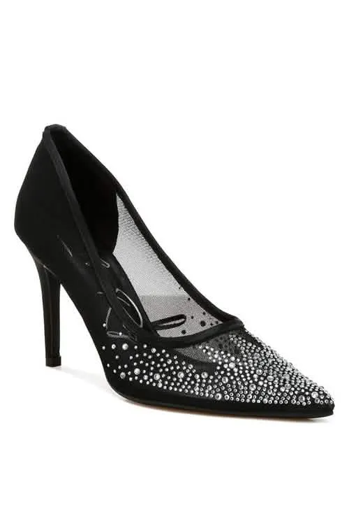 Sparkling Rhinestone-Studded Mesh Stiletto Pumps