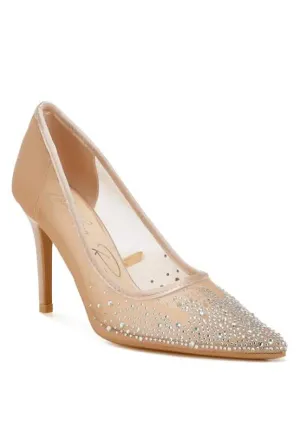 Sparkling Rhinestone-Studded Mesh Stiletto Pumps