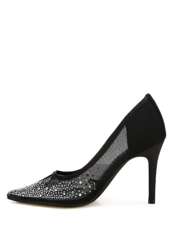 Sparkling Rhinestone-Studded Mesh Stiletto Pumps
