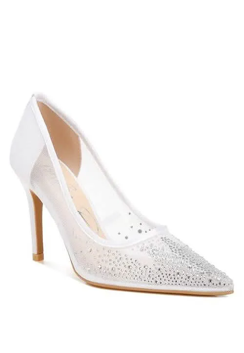 Sparkling Rhinestone-Studded Mesh Stiletto Pumps
