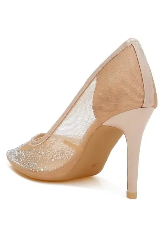 Sparkling Rhinestone-Studded Mesh Stiletto Pumps