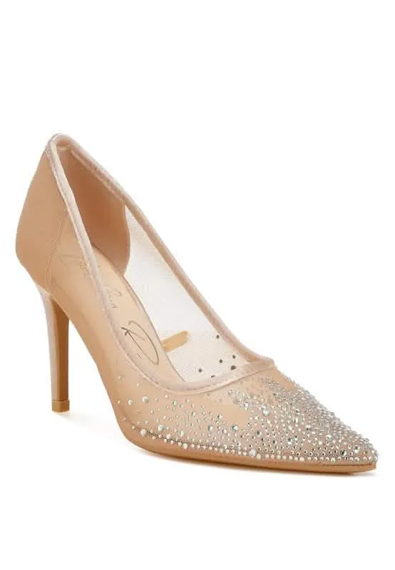 Sparkling Rhinestone-Studded Mesh Stiletto Pumps
