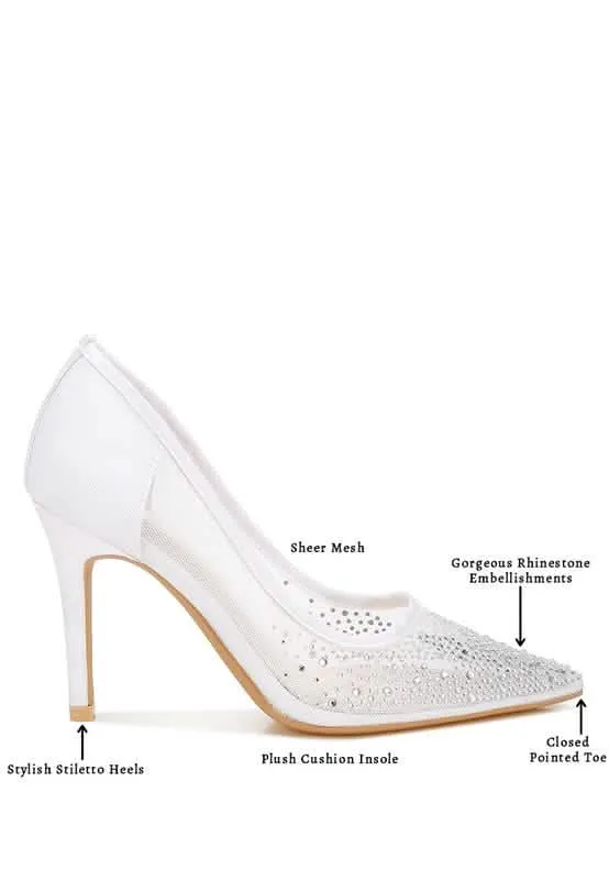 Sparkling Rhinestone-Studded Mesh Stiletto Pumps