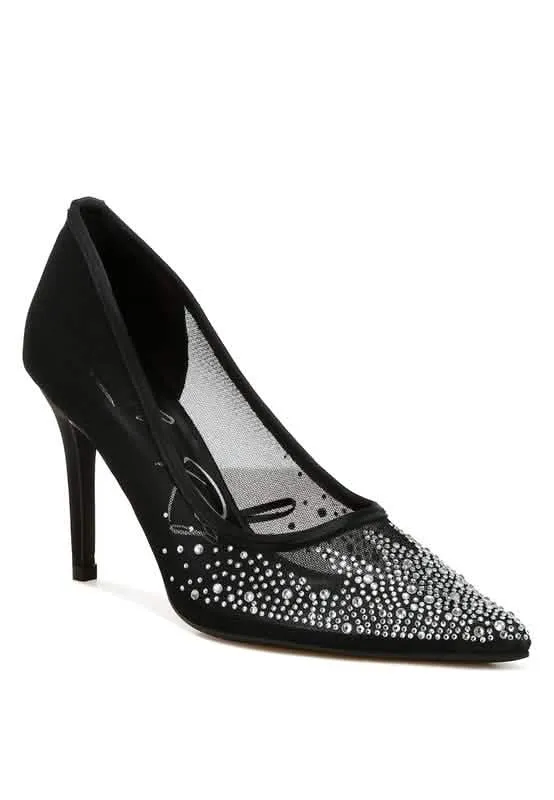 Sparkling Rhinestone-Studded Mesh Stiletto Pumps