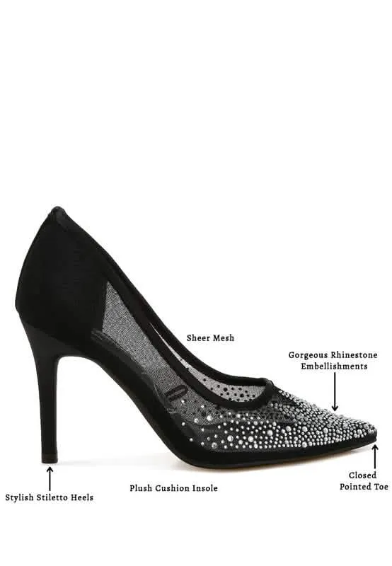 Sparkling Rhinestone-Studded Mesh Stiletto Pumps