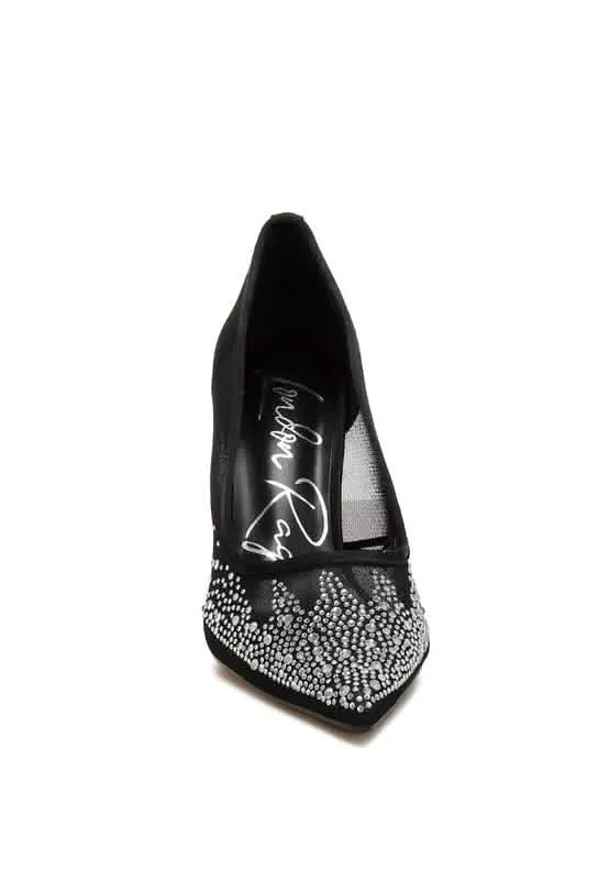 Sparkling Rhinestone-Studded Mesh Stiletto Pumps