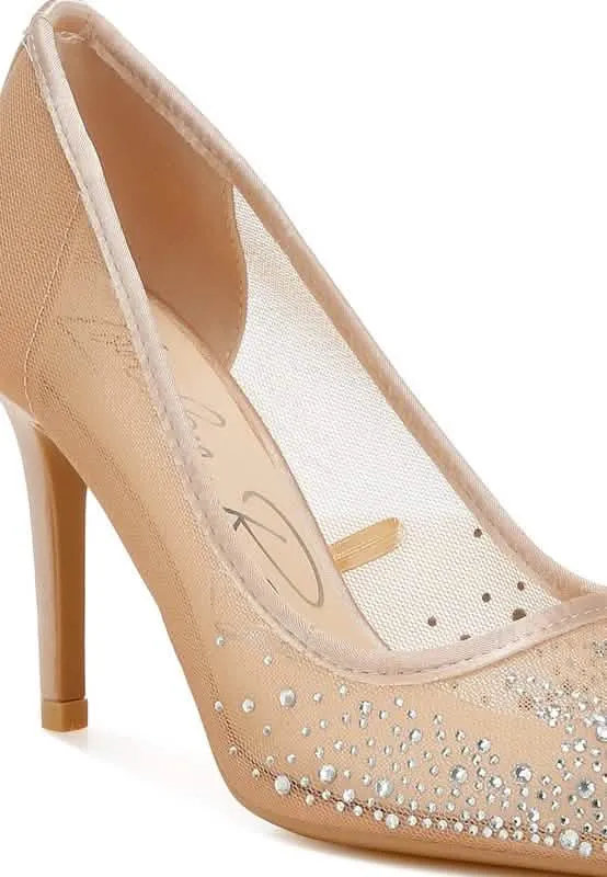 Sparkling Rhinestone-Studded Mesh Stiletto Pumps