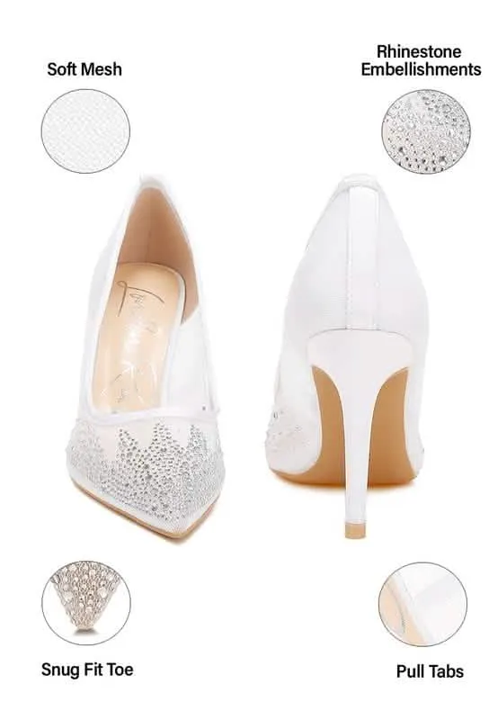 Sparkling Rhinestone-Studded Mesh Stiletto Pumps