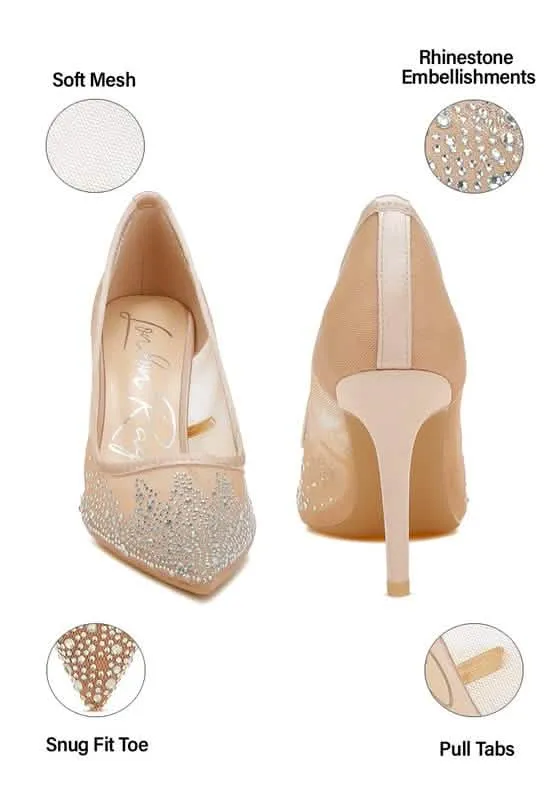 Sparkling Rhinestone-Studded Mesh Stiletto Pumps