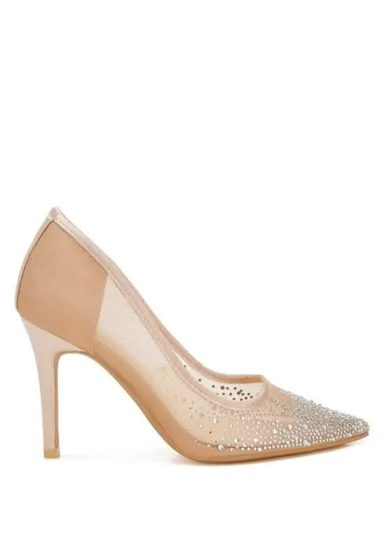 Sparkling Rhinestone-Studded Mesh Stiletto Pumps
