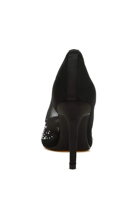 Sparkling Rhinestone-Studded Mesh Stiletto Pumps