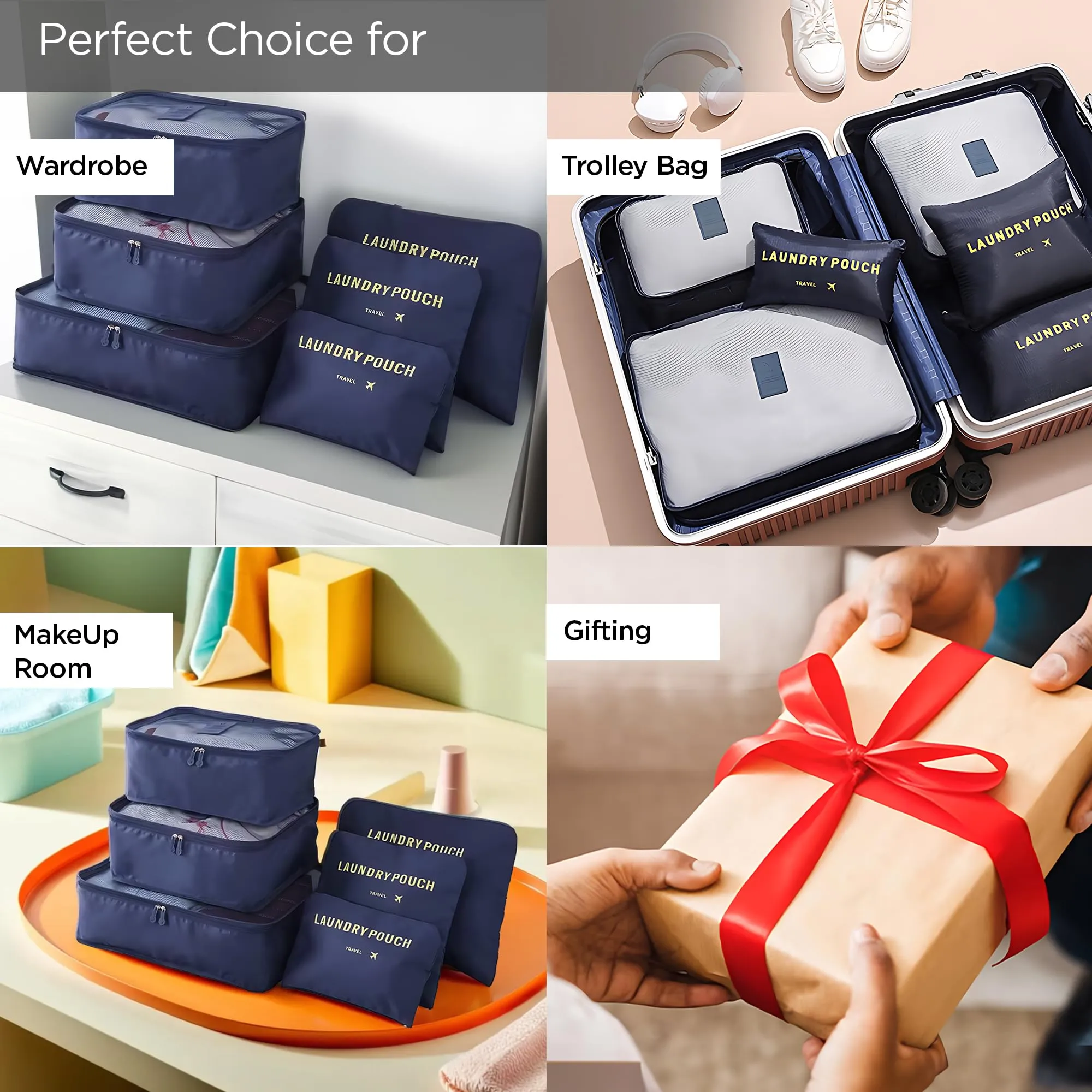 UMAI 6-piece Vacuum-Compressed Travel Organizer   Pouch Packing Cubes |Cosmetics/Laundry/Socks/Shoes Organizer Pouch| Waterproof, Lightweight, Foldable Storage Bag | Navy