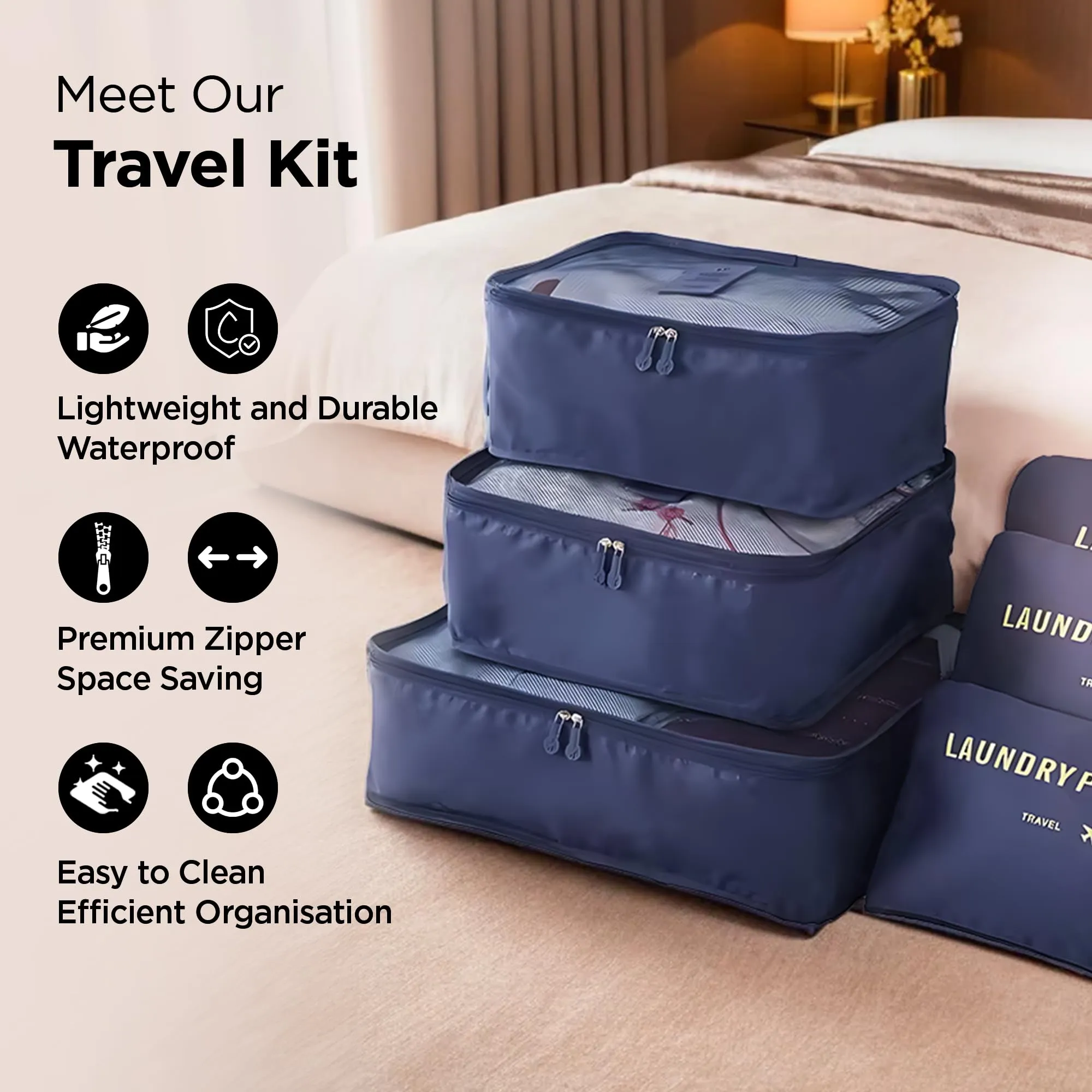 UMAI 6-piece Vacuum-Compressed Travel Organizer   Pouch Packing Cubes |Cosmetics/Laundry/Socks/Shoes Organizer Pouch| Waterproof, Lightweight, Foldable Storage Bag | Navy